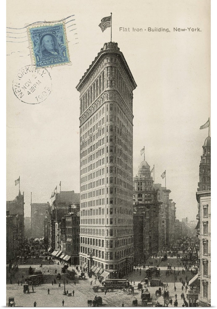 Vintage photograph of the Flat Iron building with a blue stamp to the left of the image.