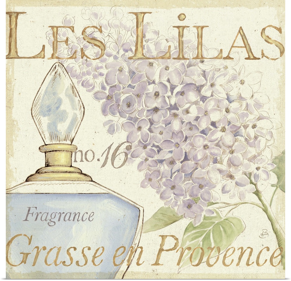 Contemporary artwork of a perfume bottle close in frame, with a flower to the right and text in the foreground.