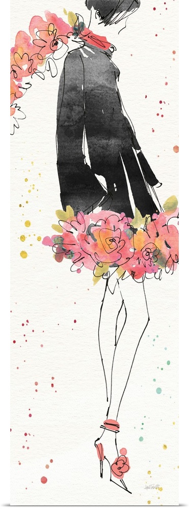 Watercolor painting of a woman in a black coat with a floral scarf and skirt.