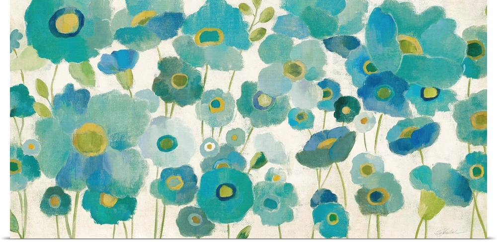 Contemporary painting of a garden of bright blue flowers.