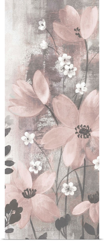 Contemporary artwork of pink flowers over a distressed gray background.