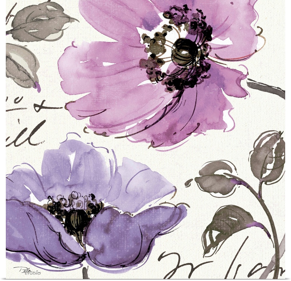 Contemporary watercolor painting of purple flowers on a neutral toned background with text.