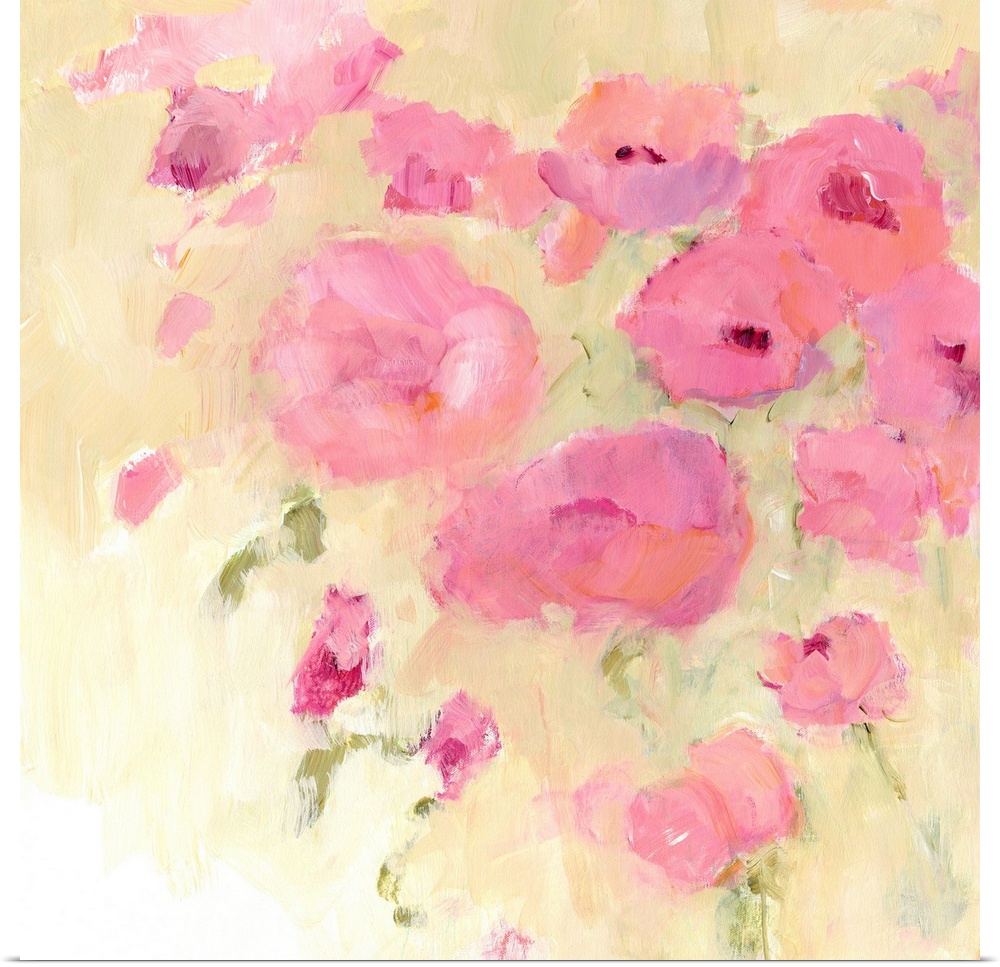 Contemporary artwork of soft pink flowers.