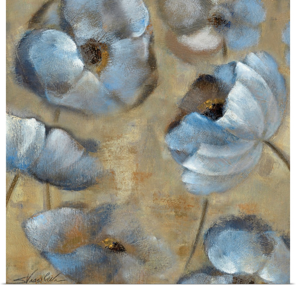 Large soft blue flowers are painted and highlighted against a neutral background.