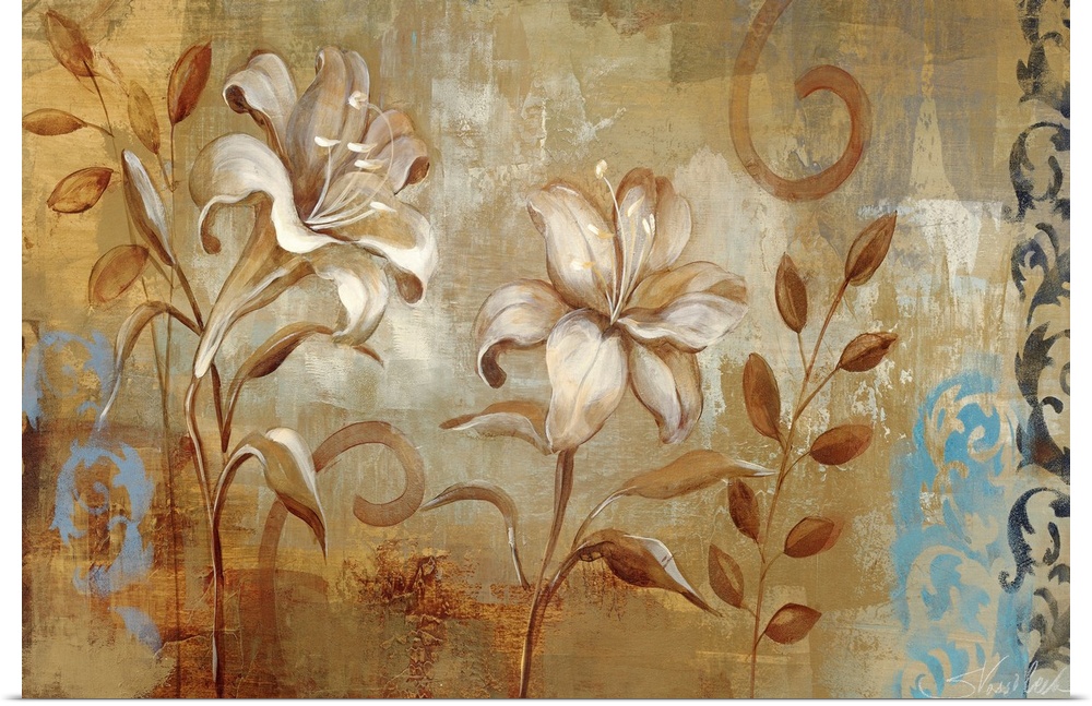 Horizontal wall art of two realistically rendered lilies on a neutral background with decorative vine stencils.
