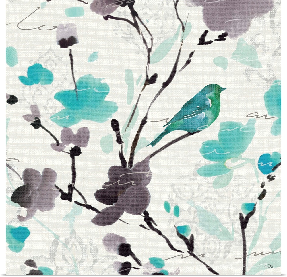Watercolor painting of a turquoise bird perched on a branch with purple and blue flowers.