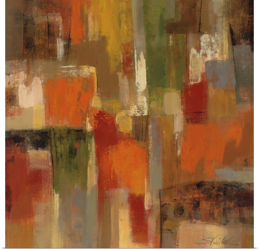 Contemporary abstract painting of rectangular blocks of color in warm tones.