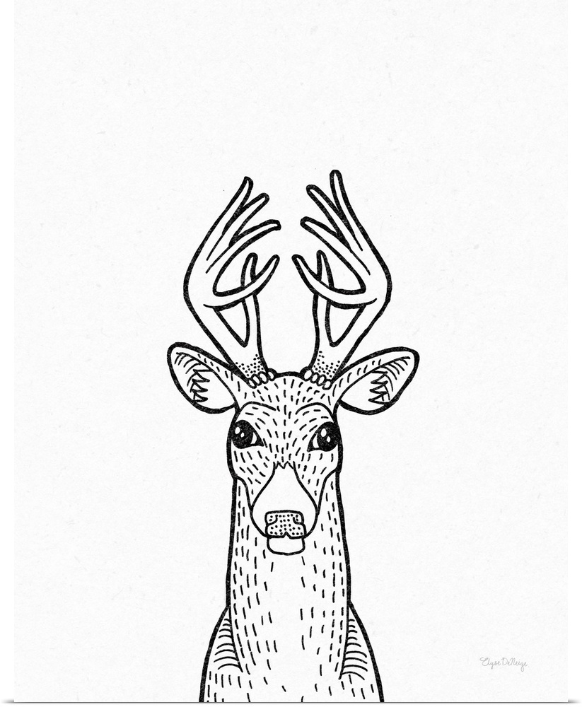 A black and white illustration of a deer on a textured white background.