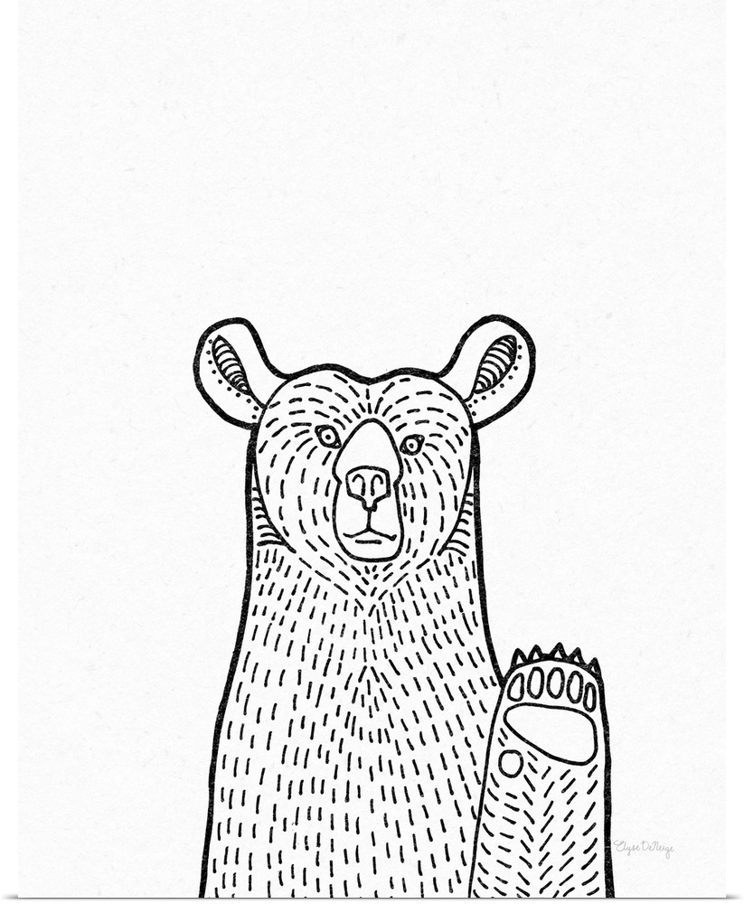 A black and white illustration of a bear on a textured white background.