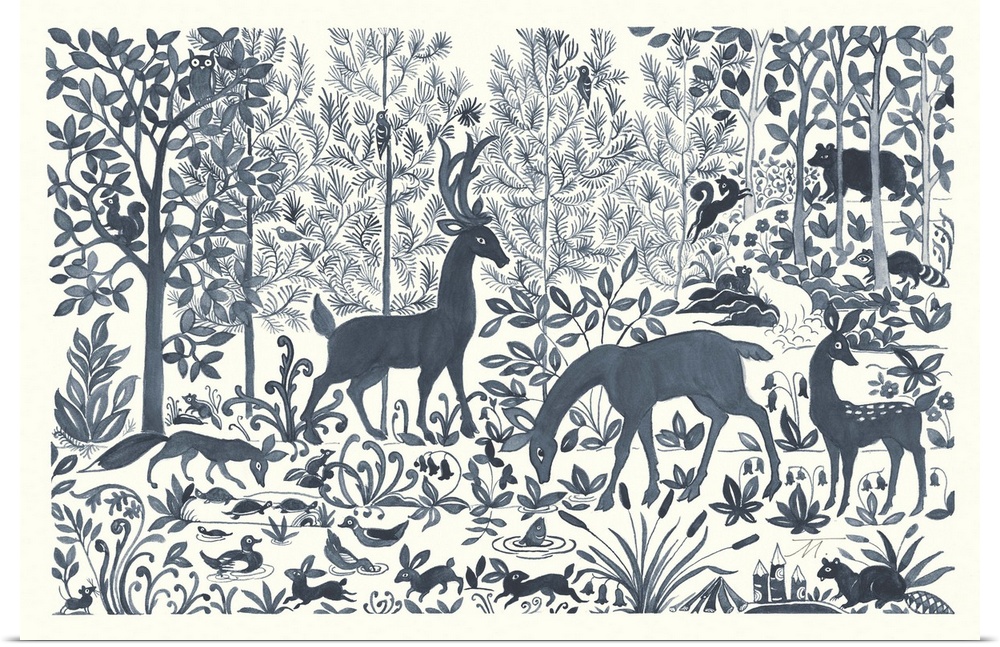 Floral indigo and white watercolor painting with woodland creatures out and about in the woods.