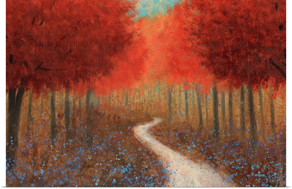 Contemporary painting of a pathway through a forest of red trees.