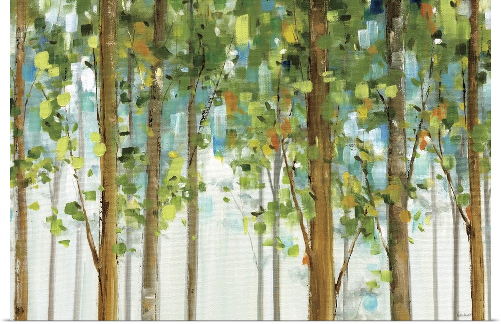 An abstract landscape painting created with square brush strokes of tall, straight trees in a forest.