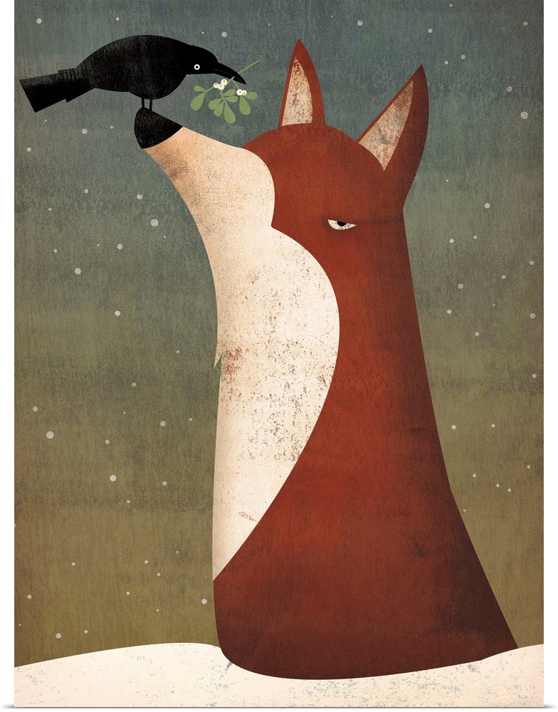 Cute artwork of a fox with a crow holding mistletoe perched on its nose.
