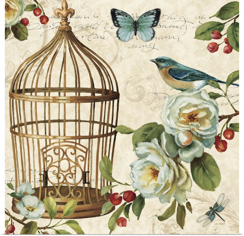 Contemporary artwork of a hanging gold birdcage surrounded by flowers and garden wildlife, against a cream patterned backg...