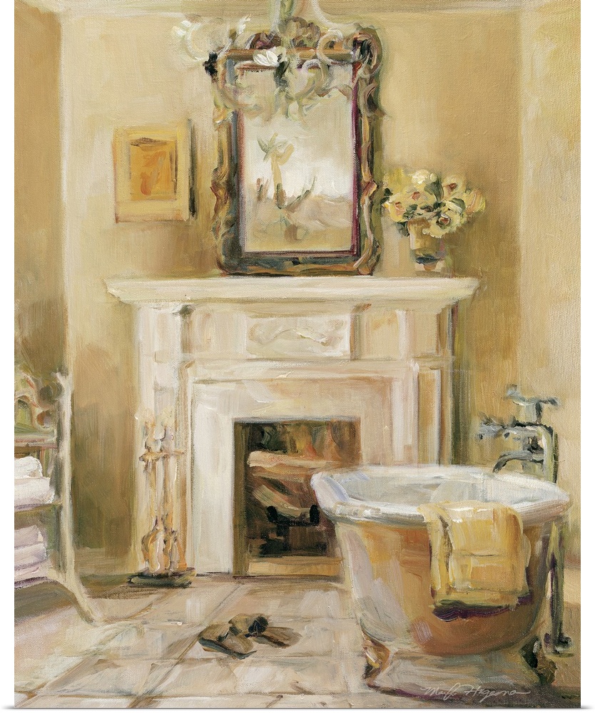 Docor for the home that is a painting of a bathroom with a claw foot tub sitting in front of a small fireplace. Slippers a...