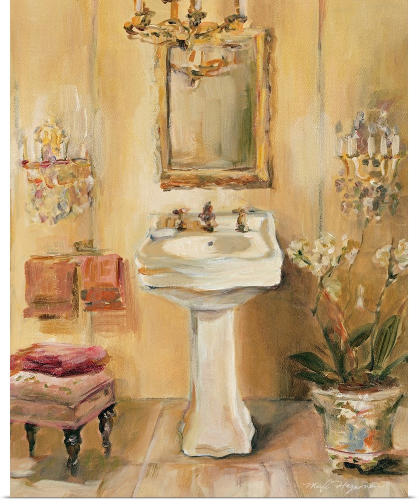 Heavy brushstroke art piece of an elegant powder room sink with wall sconces and a chandelier.