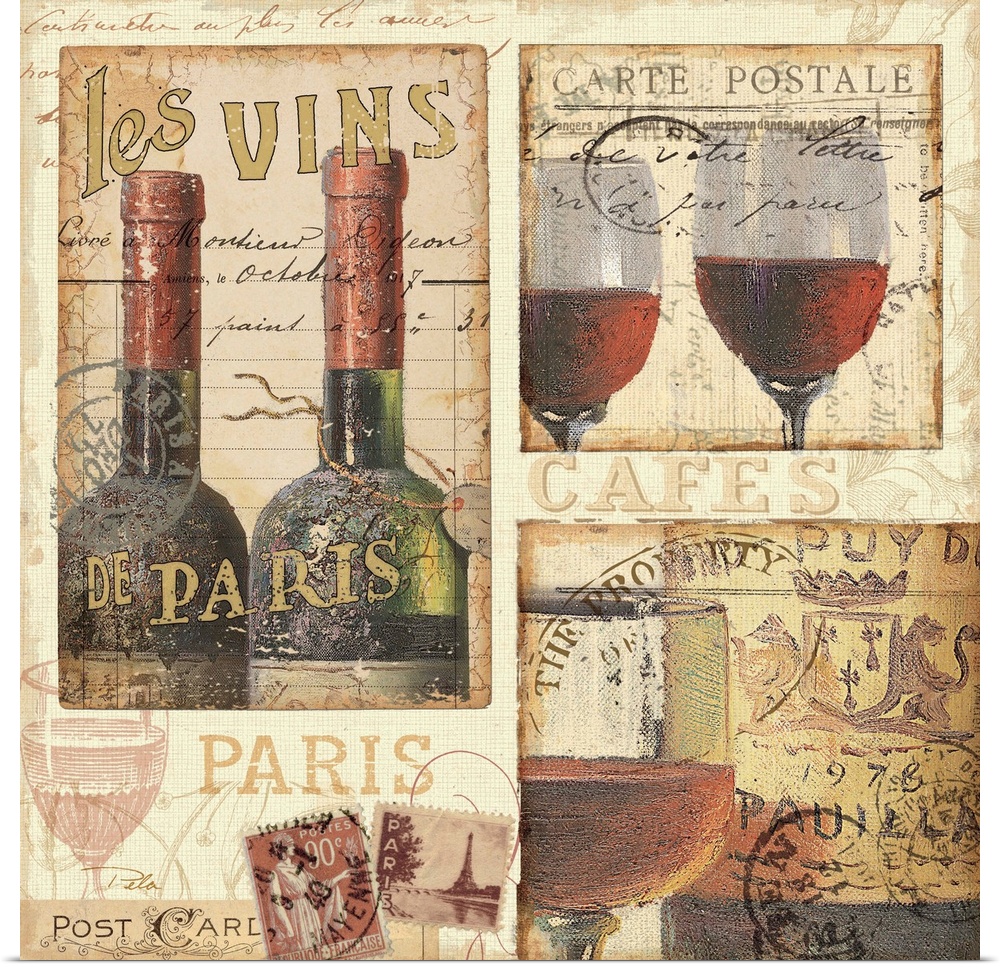 Contemporary artwork of wine bottles and glasses filled with red wine, with text around the image.