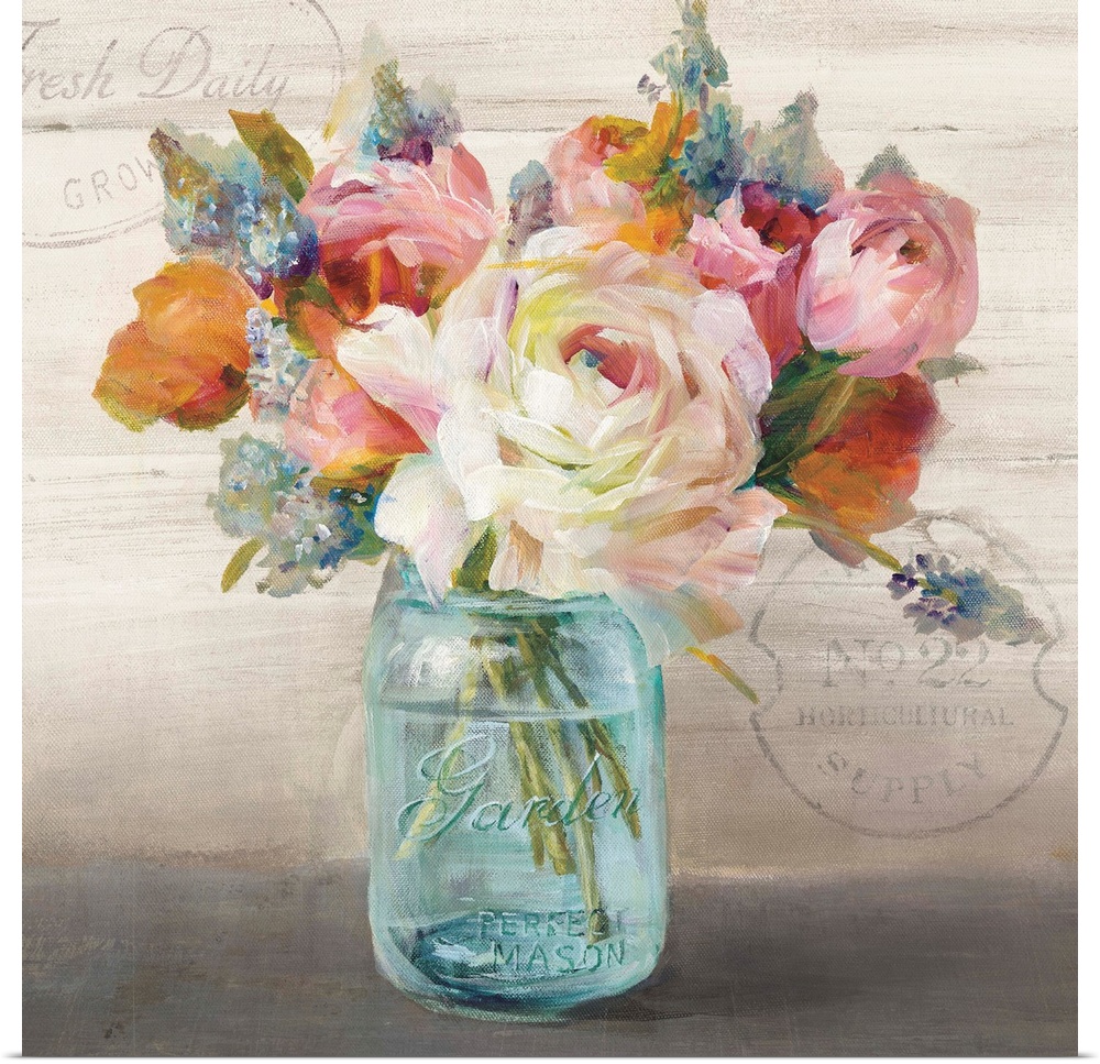 Contemporary artwork of a bouquet of roses and peonies in a glass mason jar.