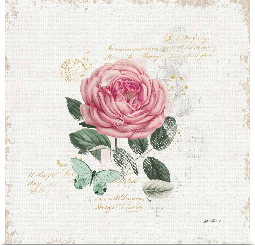 Square collage with a pink rose and green butterfly on a white textured background with gold handwritten text.