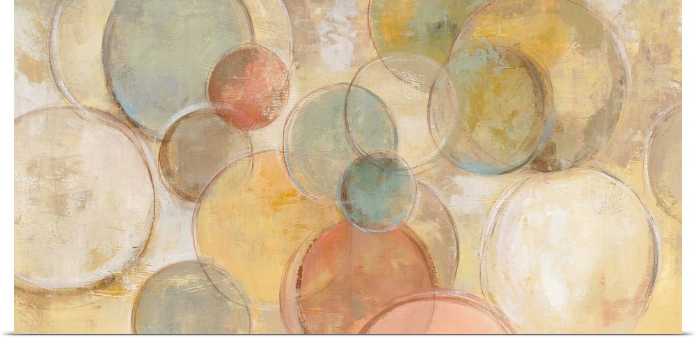Contemporary abstract painting using circles in various pale tones against a muted yellow background.