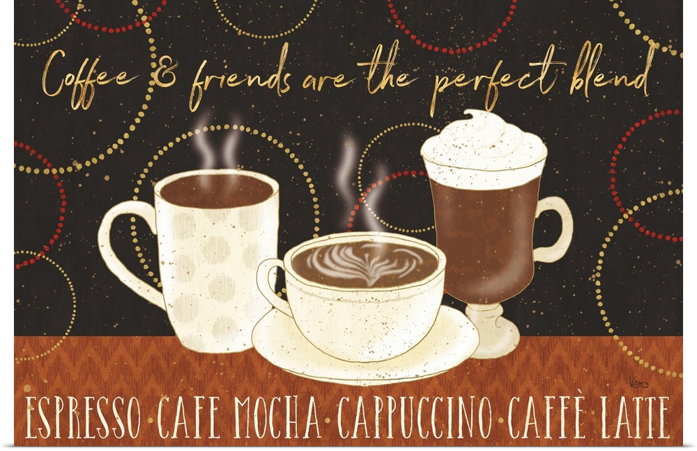 "Coffee & Friends Are The Perfect Blend.  Espresso, Cafe Mocha, Cappuccino, Caffe Latte" with three cups of coffee on a ci...