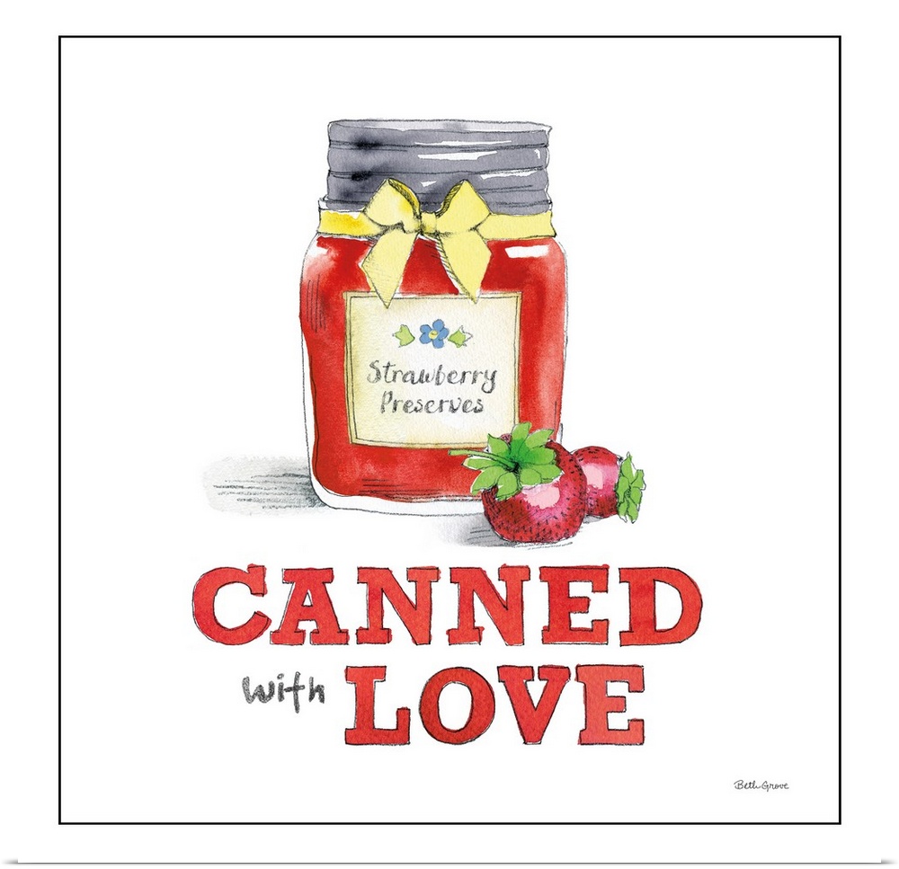 Square kitchen decor with an illustration of strawberry jam/jelly and the text "Canned With Love" written at the bottom.