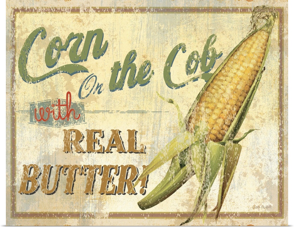 Contemporary artwork of a vintage looking sign with corn to the right of the image and text to the left.