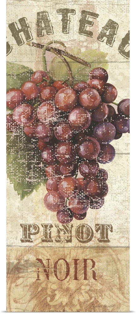 Vertical, large home art docor with vintage feel, of a single bunch of grapes on a vine on a neutral, decorative backgroun...