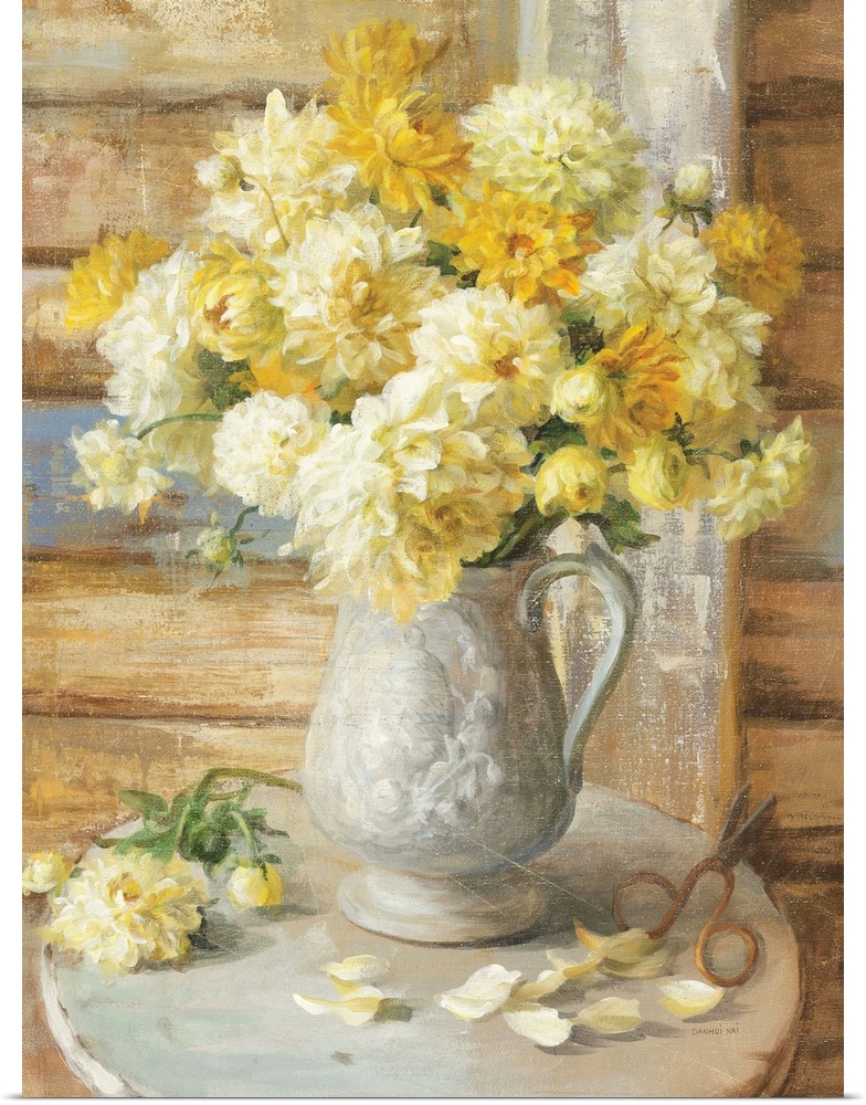 Contemporary painting of yellow flowers in jug used as a vase sitting on a table.