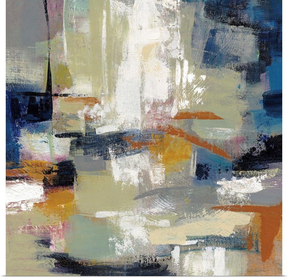 Square abstract painting with bold colors and brushstrokes.