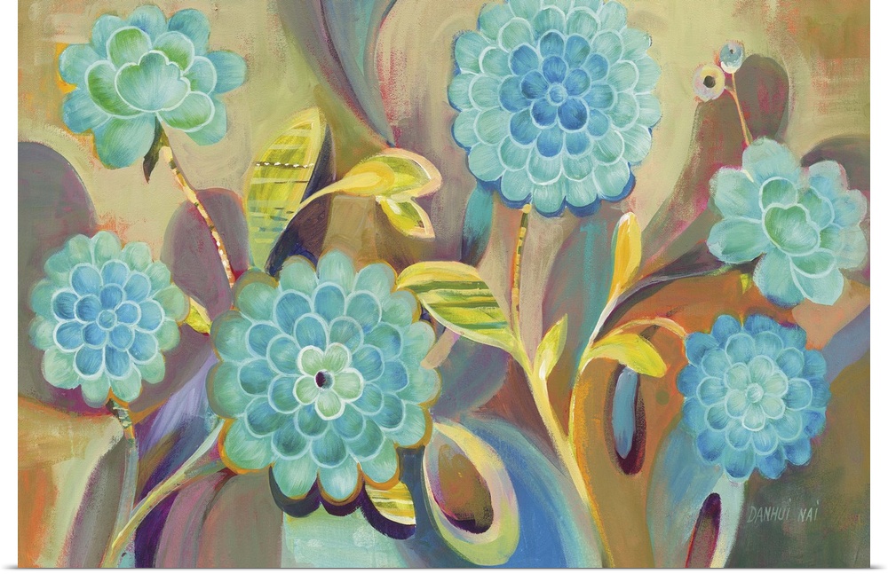 Contemporary painting of several boho style flowers and leaves in bright colors.