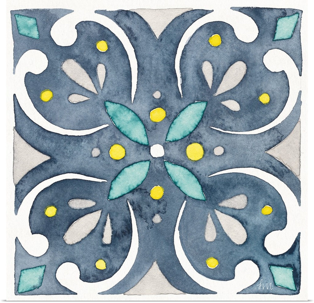 A square watercolor floral design in the style of tile in varies shades of blue.