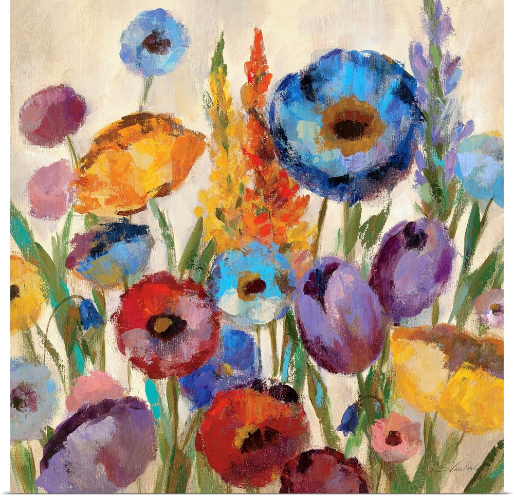 Square, oversized wall painting of a large variety group of flowers in assorted colors on a tan background.