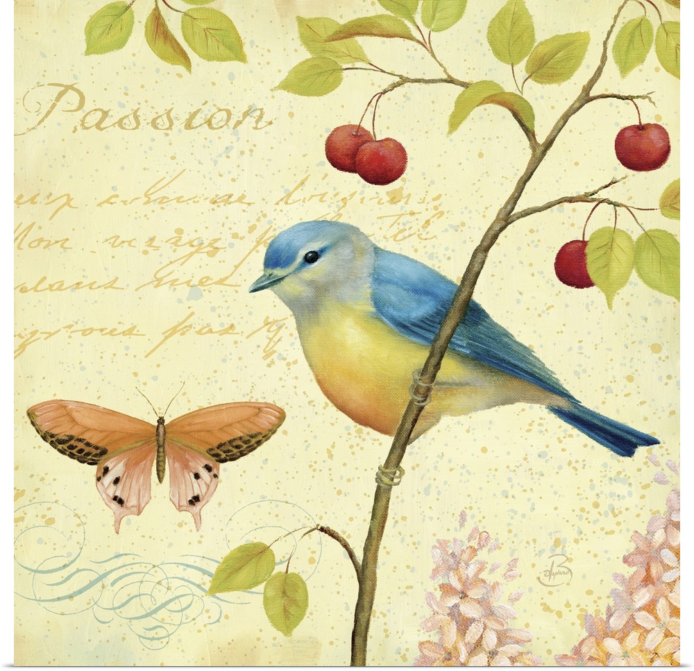 Square home art decor on a large canvas of a bird perched on a thin branch of leaves and berries, next to a butterfly with...