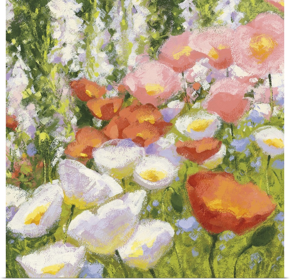 Contemporary floral abstract painting of poppies and wildflowers in a field using warm pastel colors.