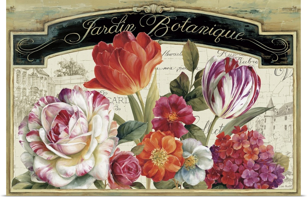 Bouquet of tulips, roses, and other flowers with architectural sketches under a banner that reads Botanical Garden in French.