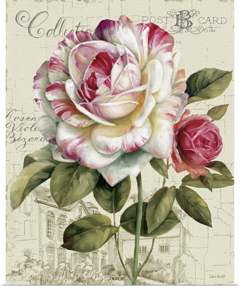 Large canvas of a painted flower on top of a neutral background with a sketch of a house and writing overlaid.
