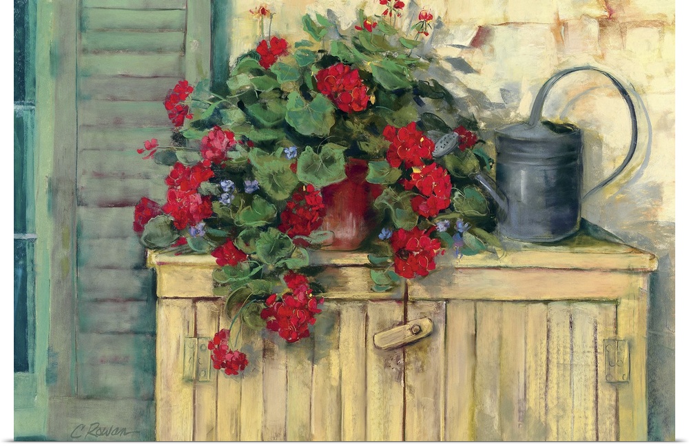Contemporary painting of a potted plant and an old-fashioned watering can on a wooden storage crate next to a window.