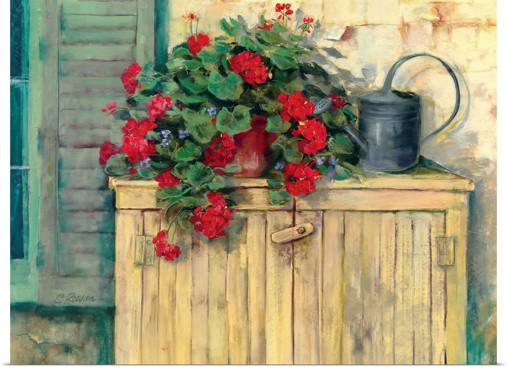 Contemporary painting of potted flowers next to a watering can.
