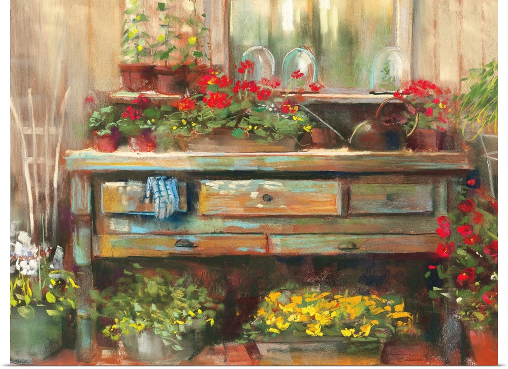 Contemporary painting of potted flowers sitting outside a shed.