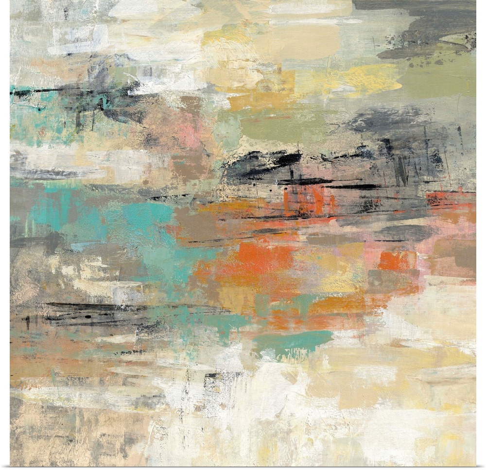 Contemporary abstract artwork in neutral colors with a teal and orange center.