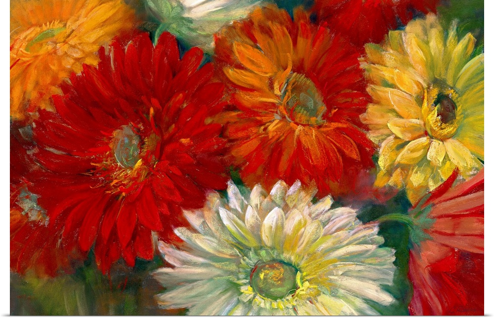 Contemporary  painting of multicolored daisy bunch.