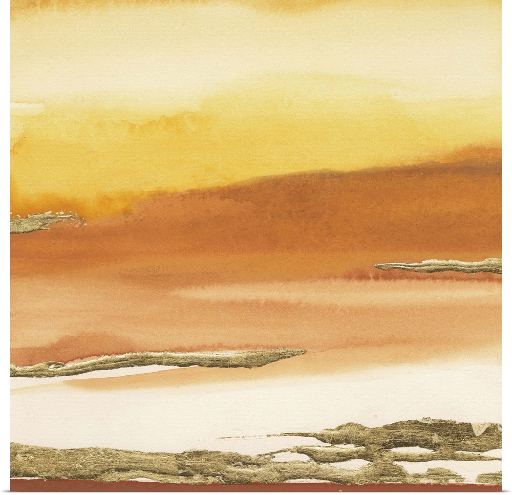 Warm toned yellow and orange horizontal gradient watercolor painting with metallic gold texture.