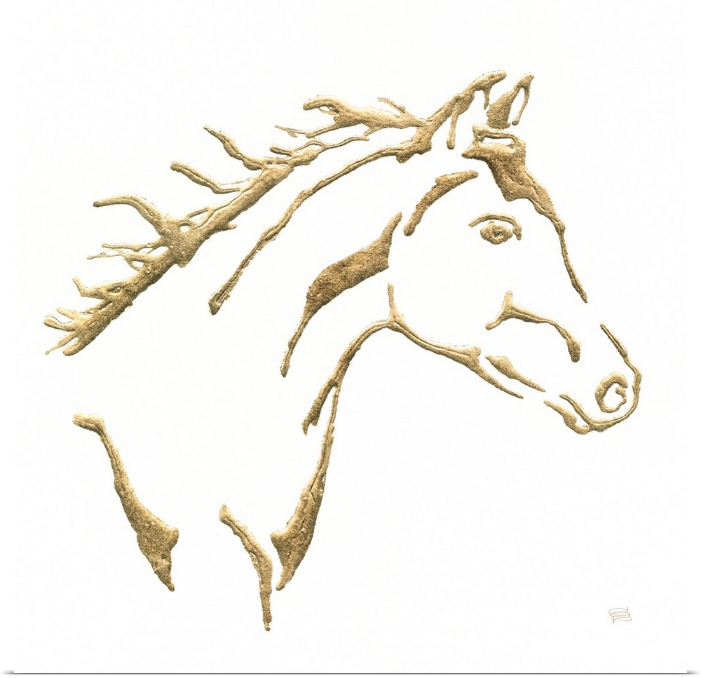Metallic gold outlined illustration of a horse on a  square solid white background.
