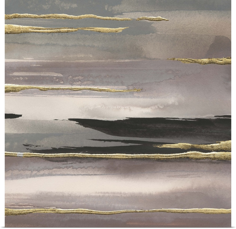 Square watercolor painting with pink, purple, and gray fading layers and metallic gold and black horizontal overlays.