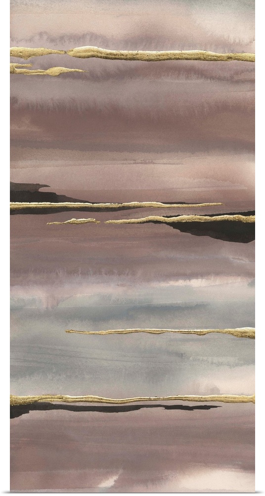Vertical watercolor painting with pink, purple, and gray fading layers and metallic gold and black horizontal overlays.
