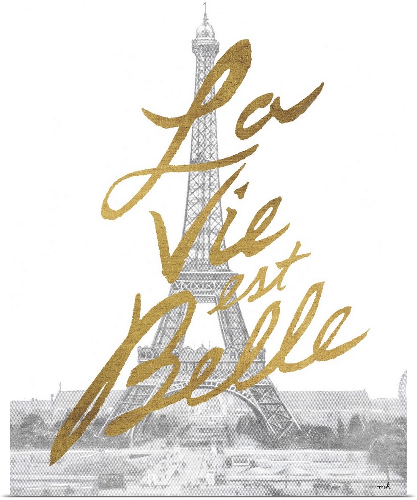 Gold handlettering against a muted black and white photograph of the Eiffel Tower in Paris.