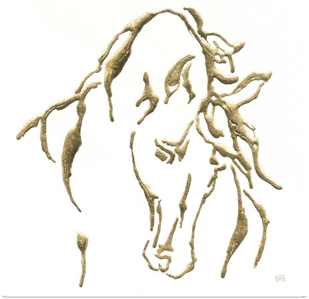Metallic gold outlined illustration of a horse on a  square solid white background.