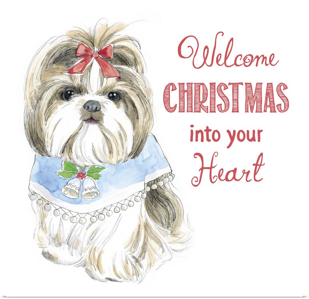Square watercolor painting of a Shih Tzu wearing a Christmas bib with bells on it and the phrase "Welcome Christmas Into Y...