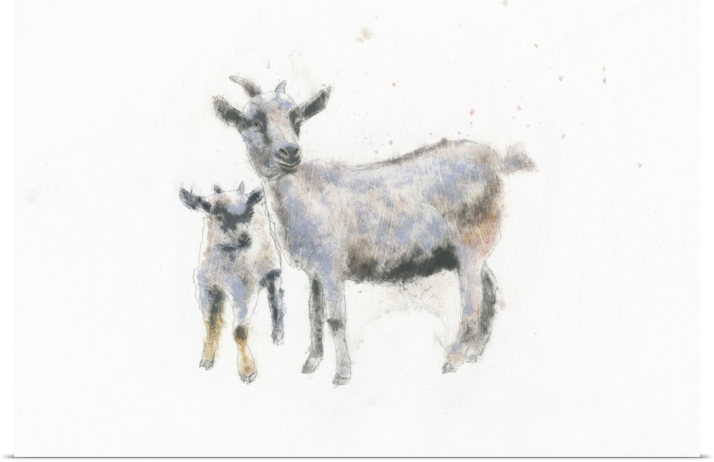 A contemporary painting of a goat and kid against a white background.